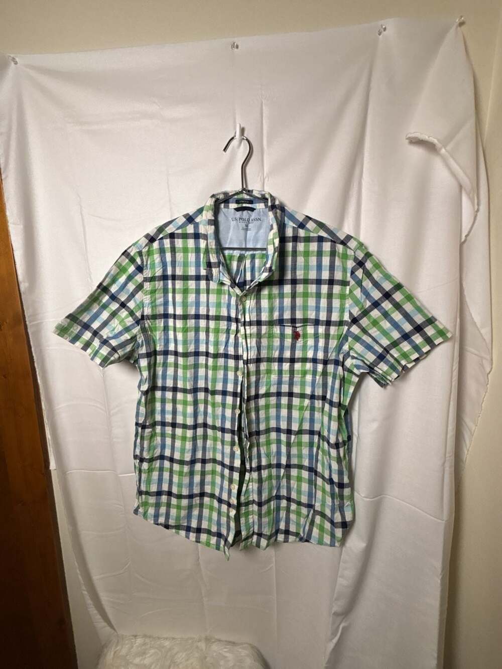 U.S. Polo Assn. Men's Green Blue Plaid Short Sleeve Button Down Shirt Size XL